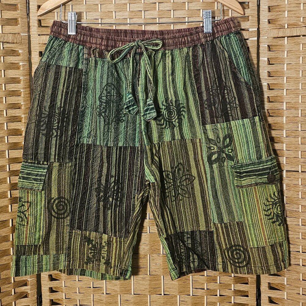 Wevez Green Patchwork Cotton Boho Shorts OS